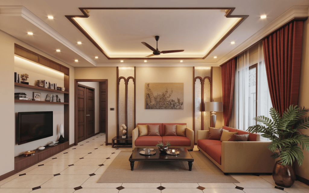 Classic false ceiling design with layered lighting and fan in elegant traditional living room 