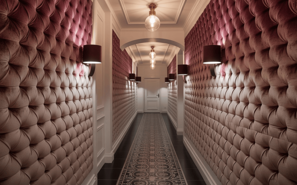 Luxury hallway wallpaper with tufted wall panels and elegant lighting in premium corridor