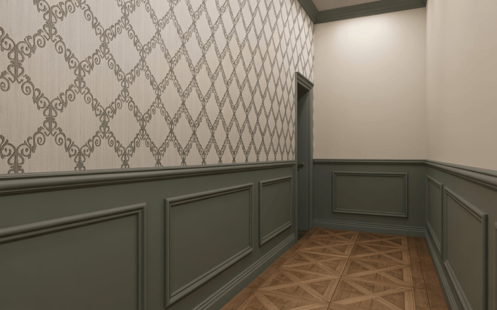 Elegant half wallpaper half paint hallway with classic patterned wallpaper and paneled wall design