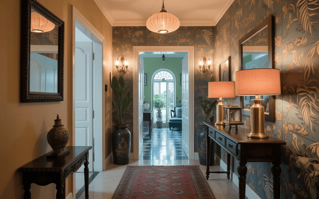 Stylish hallway wallpaper ideas with floral pattern, warm lighting, and elegant console table decor