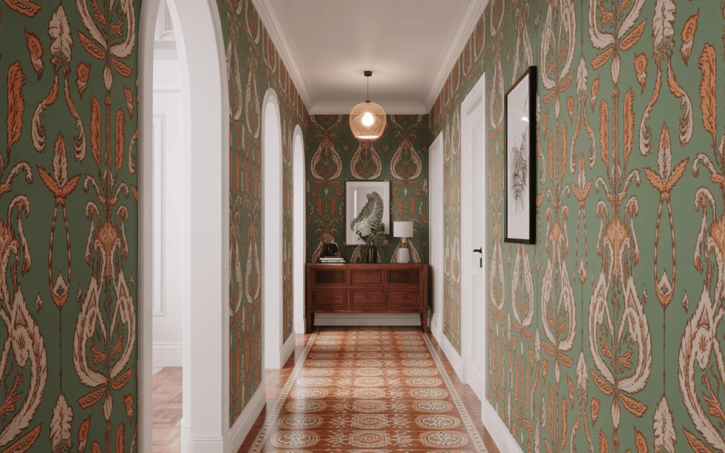 Stylish funky hallway wallpaper with bold pattern and vintage decor in narrow elegant corridor