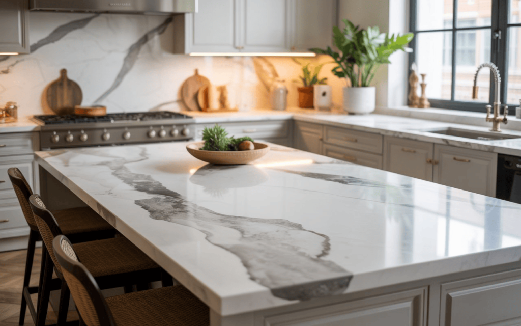 Single slab kitchen design with marble island countertop and elegant modern kitchen setup