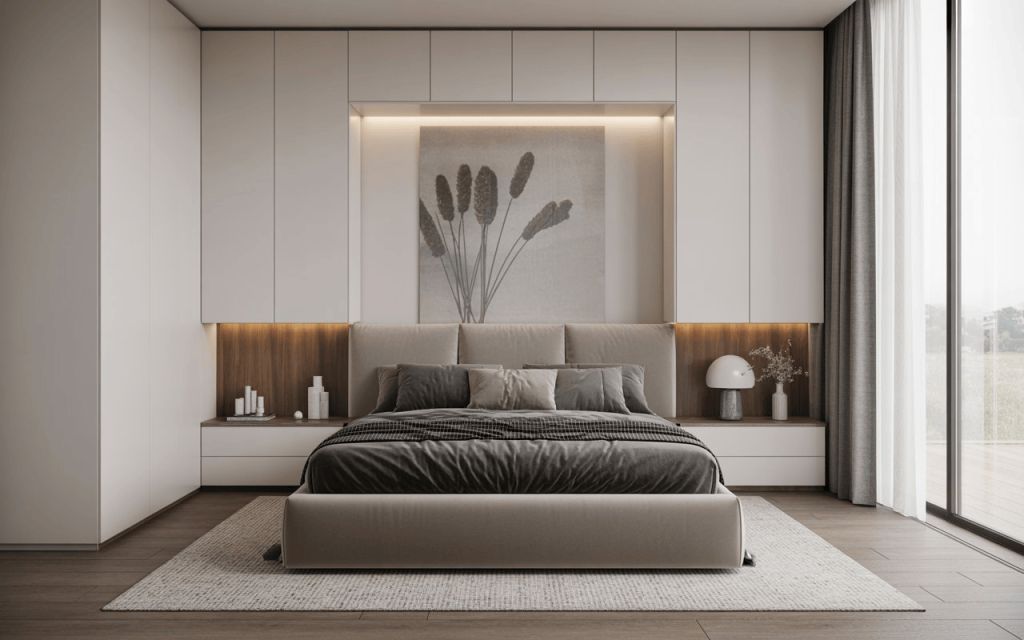  A luxurious hydraulic bed king size with a plush headboard set against a wall of cabinets.