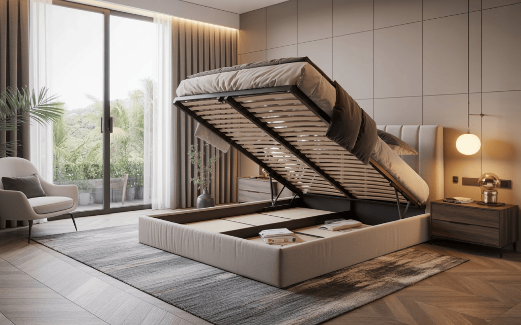 A high-quality hydraulic bed lift effortlessly raising a mattress to reveal hidden storage.