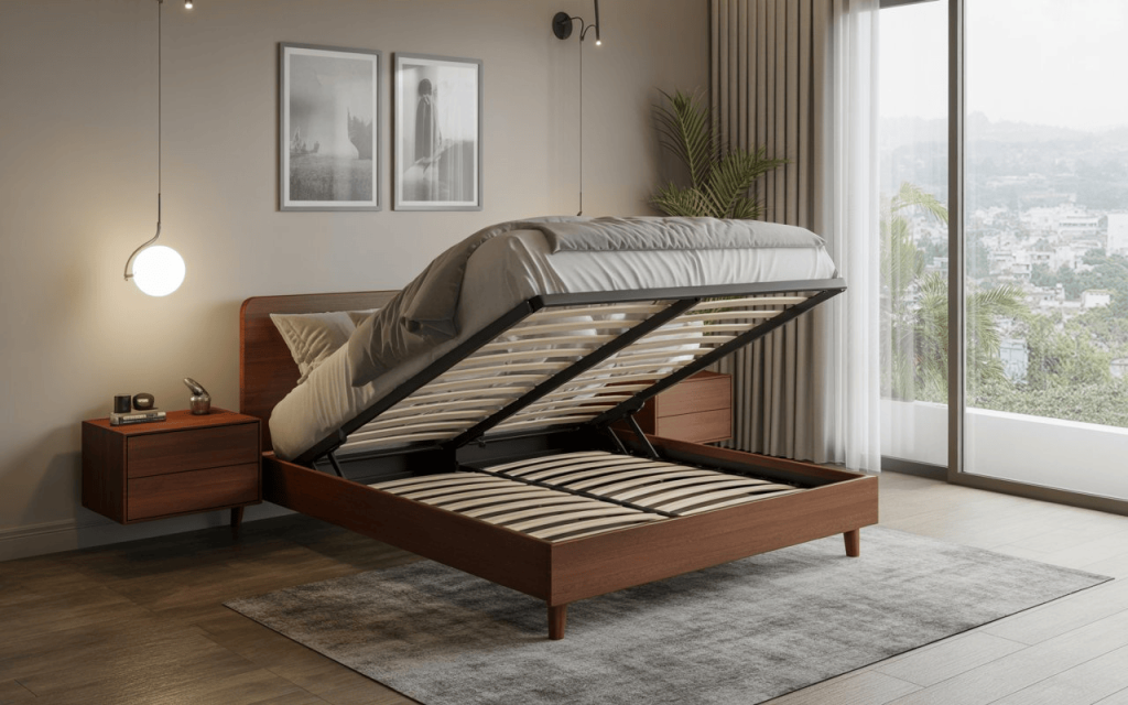 A high-quality hydraulic bed lift effortlessly raising a mattress to reveal hidden storage.