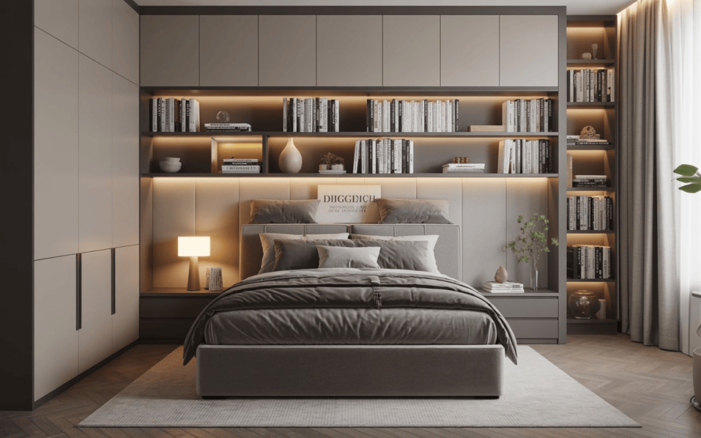 A luxurious hydraulic storage bed placed against a custom wall unit with built-in bookshelves.