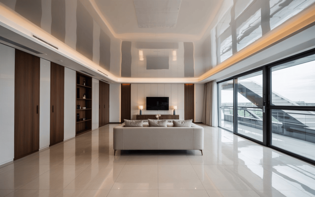 Modern false ceiling design with glossy finish and cove lighting in spacious luxury living room