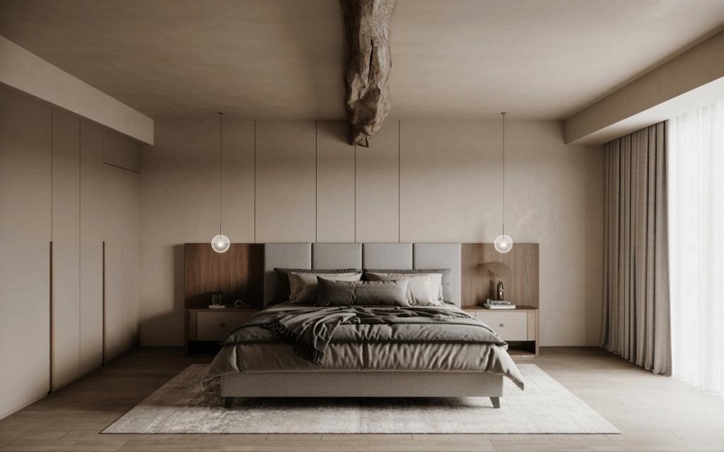 Large exposed ceiling beam over a bed shows master bedroom bed placement as per vastu errors.