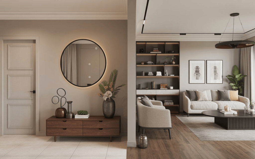 Entryway wall decor with round mirror, wooden console and stylish accents in warm minimalist home