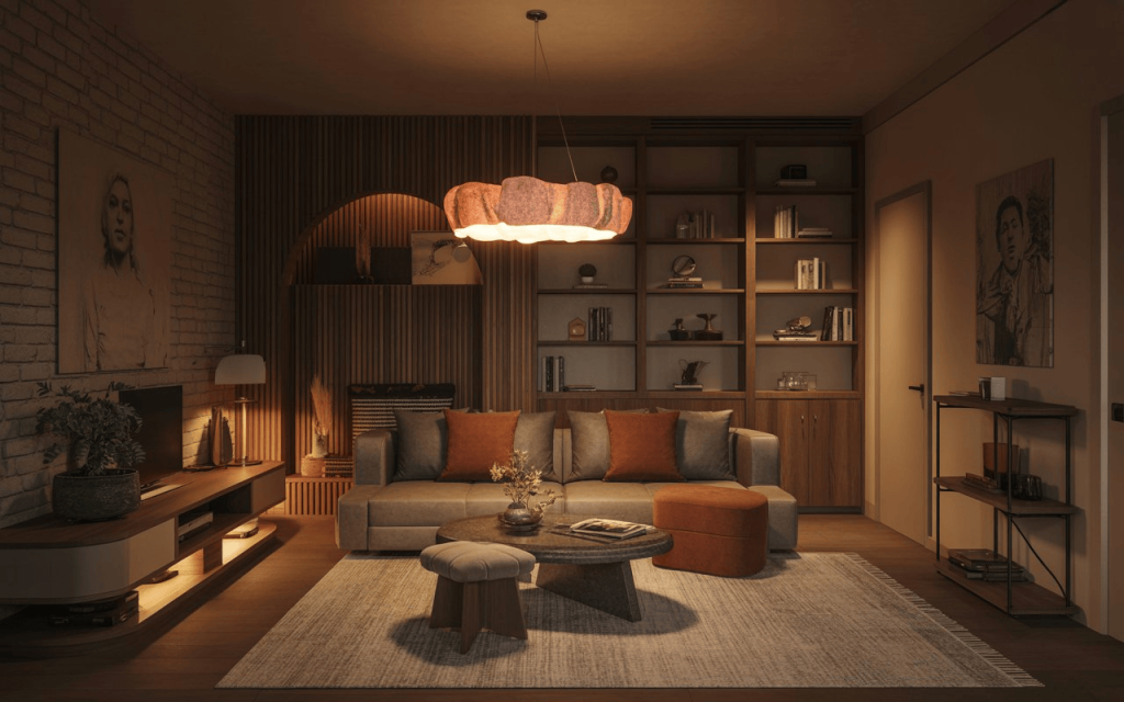 Cozy psychology of interior design with warm lighting, earthy tones and inviting modern living room setup