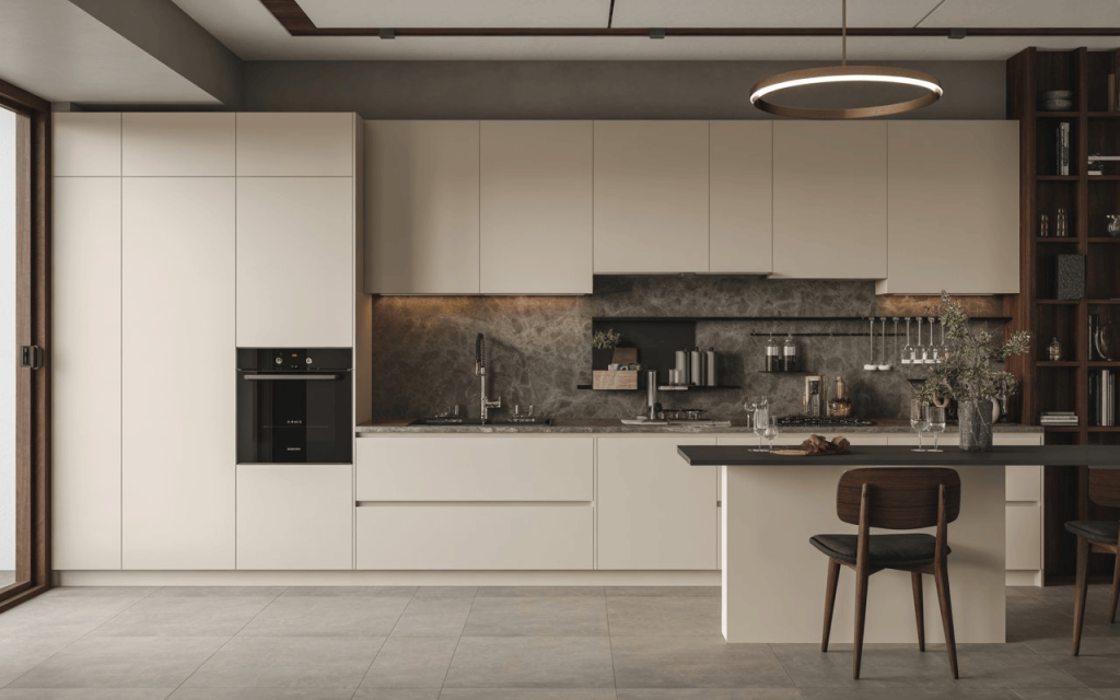 Modern kitchen slab design in india with sleek cabinets and island counter in elegant minimalist kitchen