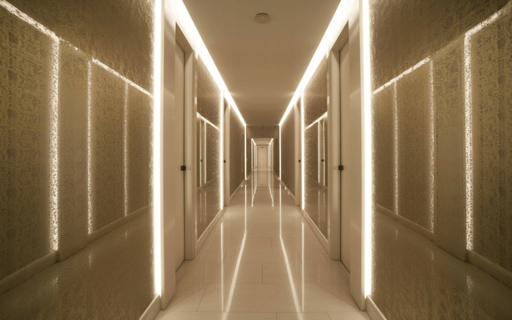 Luxury hallway wallpaper with LED lighting and elegant textured walls in modern corridor