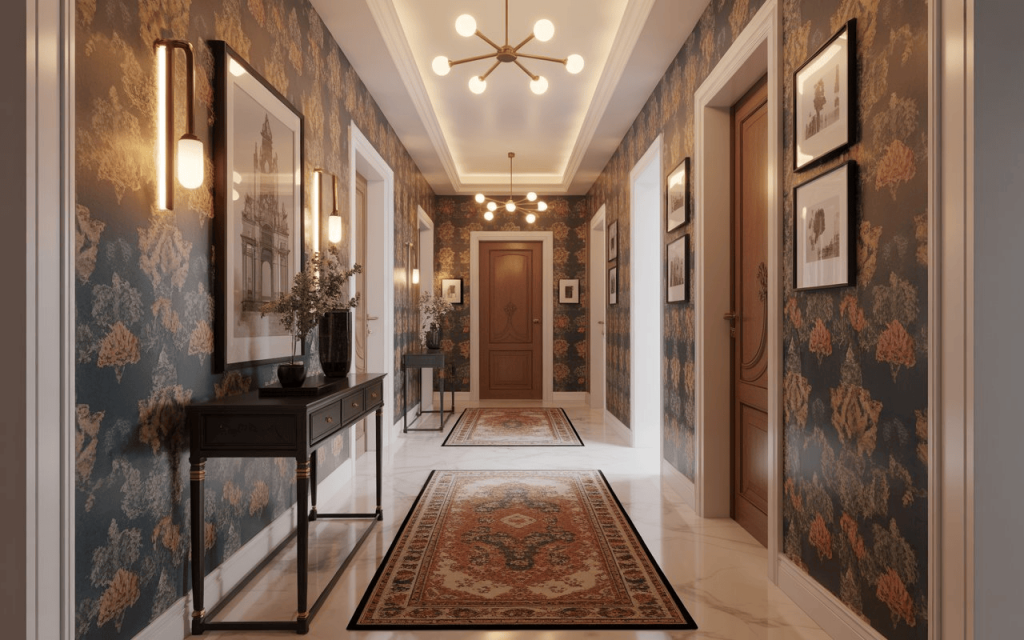 Elegant luxury hallway wallpaper with classic floral pattern and warm lighting in stylish corridor