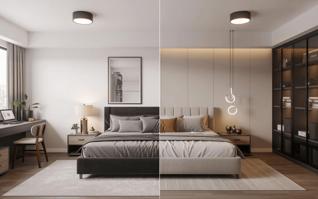  A split comparison of different styles for a double bed hydraulic system in modern rooms.