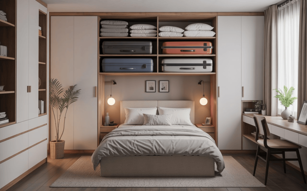 A functional double bed with hydraulic storage integrated into a floor-to-ceiling wardrobe.