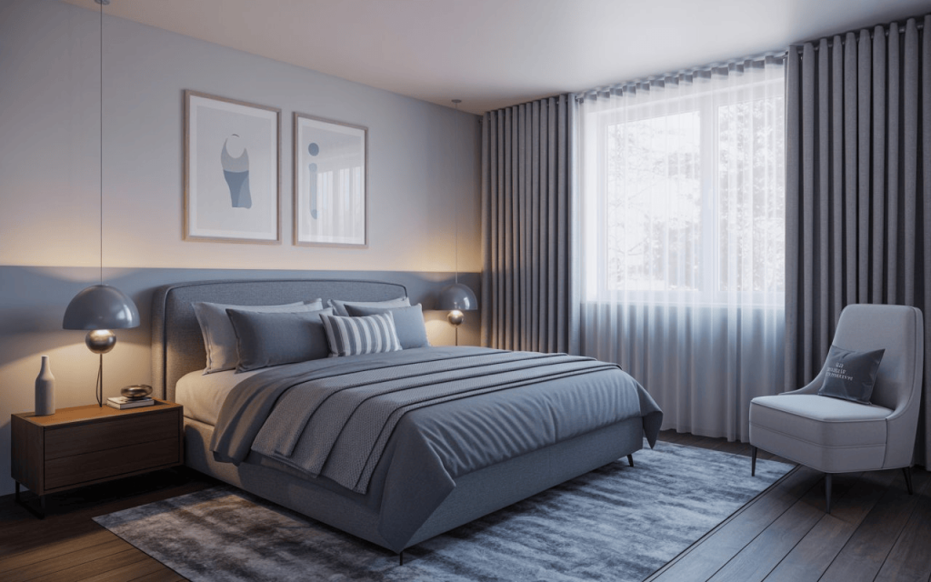 Psychology of interior design with soft grey tones, cozy bed setup and serene modern bedroom 