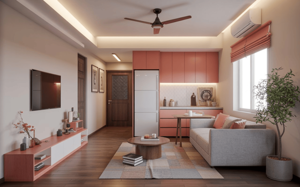 Stylish false ceiling design for low height room with cove lighting in modern compact living space