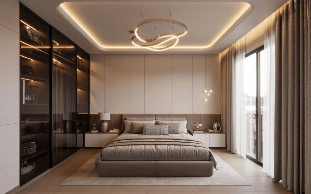 Modern false ceiling design with LED cove lighting and designer chandelier in elegant bedroom