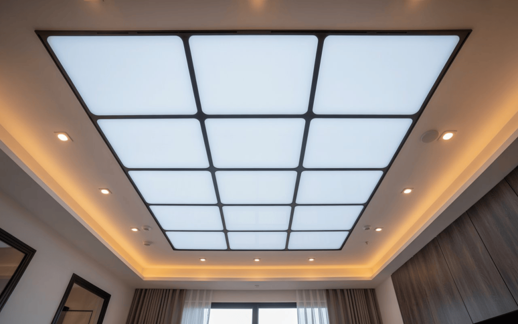 Latest false ceiling designs with grid panel lighting and ambient glow in stylish room