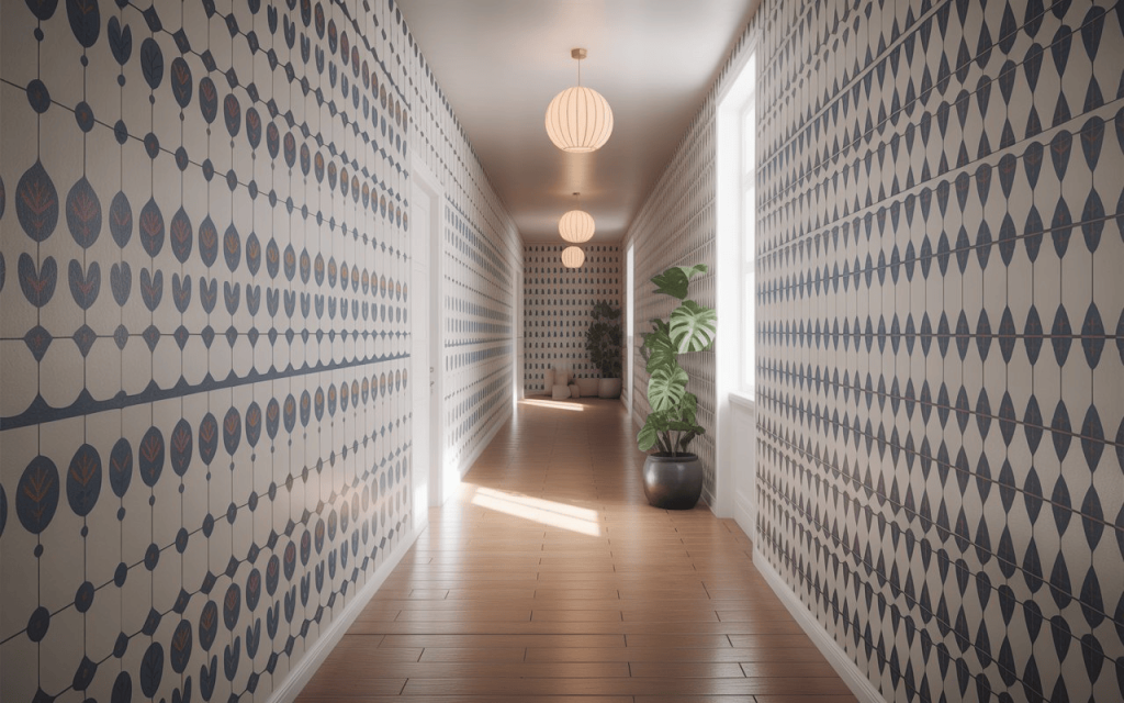 Elegant hallway wallpaper ideas with geometric patterns and soft lighting in a bright narrow corridor