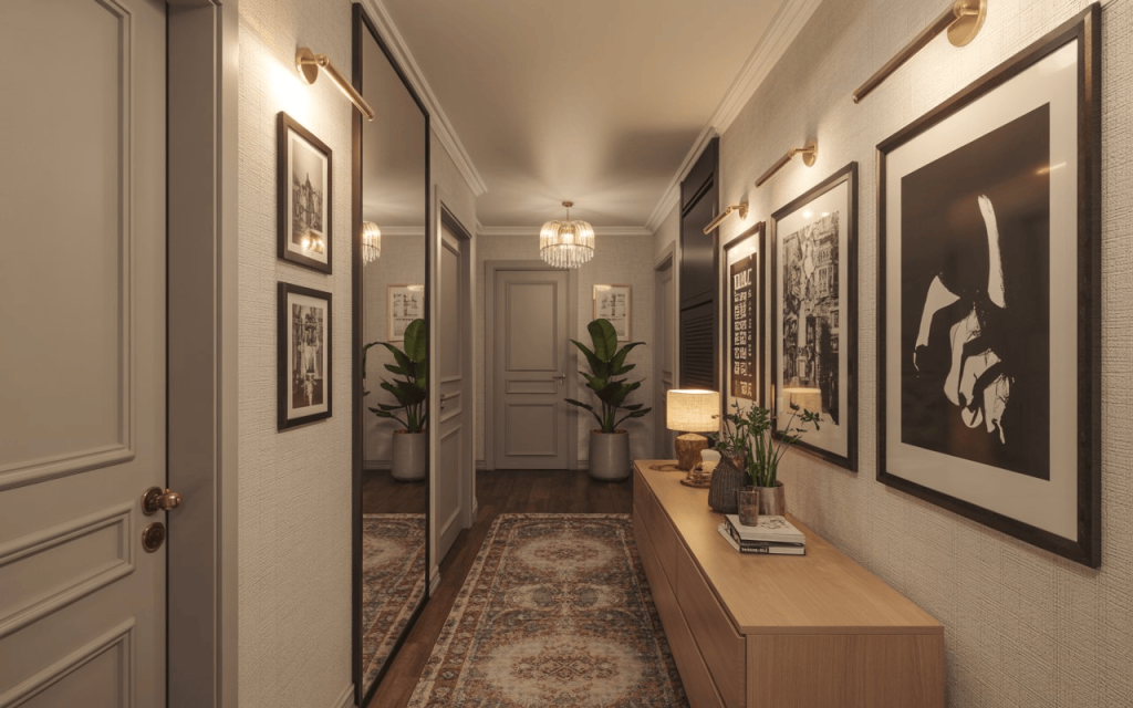 Elegant neutral wallpaper for hallway with framed art and warm lighting in modern narrow corridor