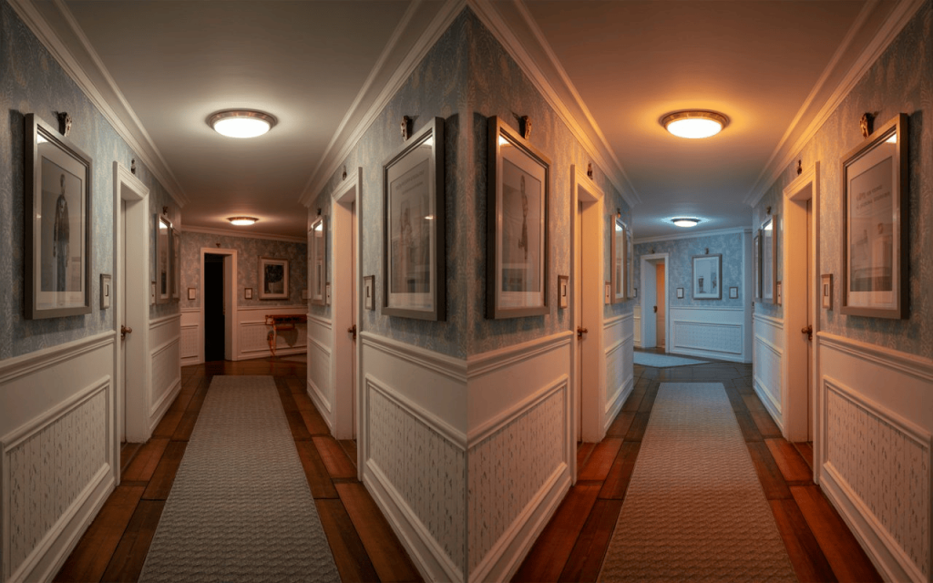 Stylish grey hallway wallpaper with classic panels and warm lighting in elegant narrow corridor