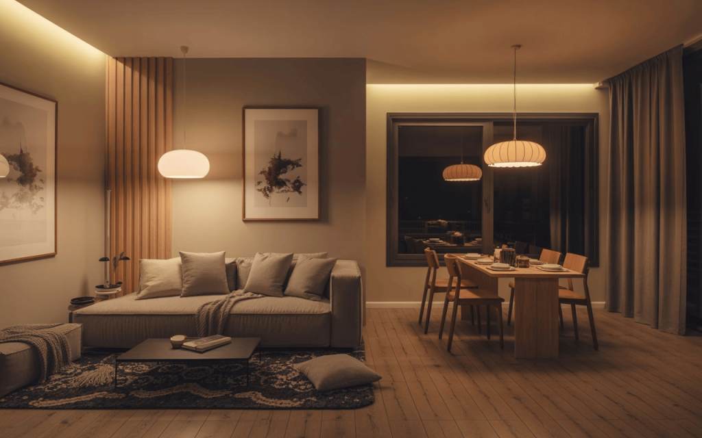 Cozy 1 bhk flat interior design low budget living area with warm lights and dining space.