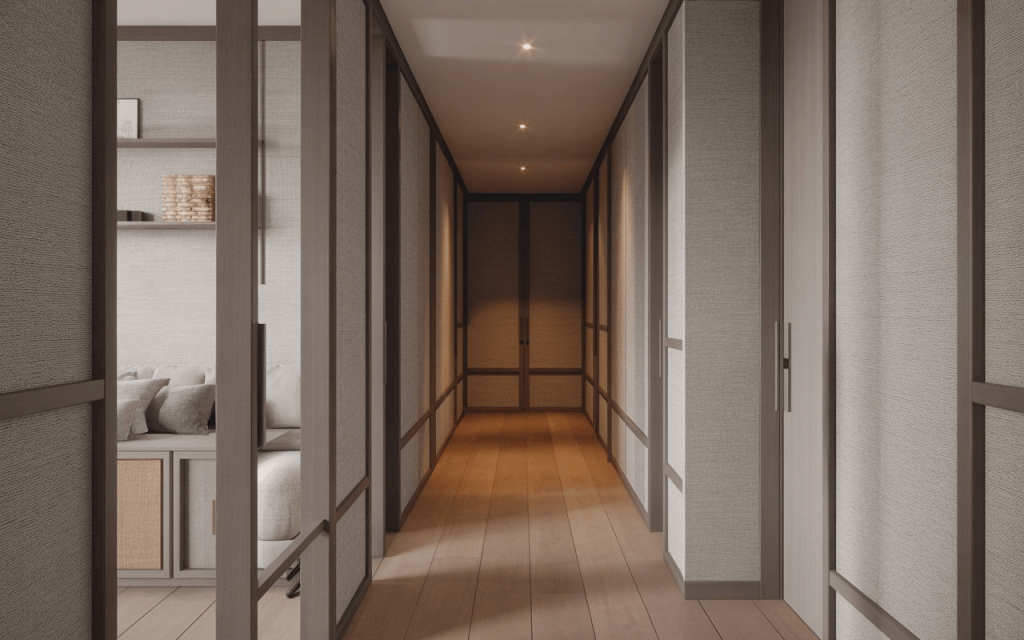 Modern best wallpaper for narrow hallway with textured panels creating sleek and spacious corridor look