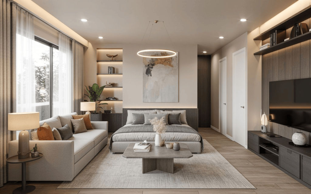 Psychology of space in interior design with neutral tones, balanced layout, and cozy multifunctional room