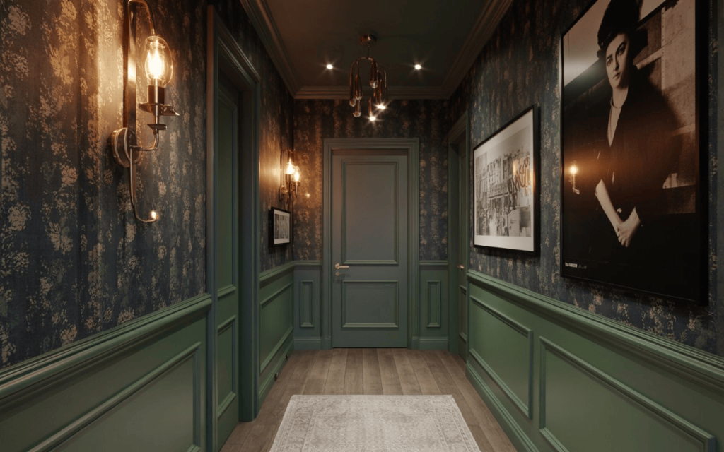 Luxury hallway wallpaper with dark vintage pattern and warm lighting in classic corridor