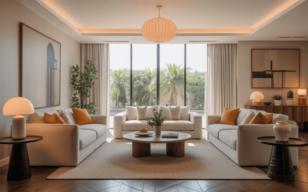 Psychology of interior design living room with warm lighting, neutral tones and balanced modern seating layout