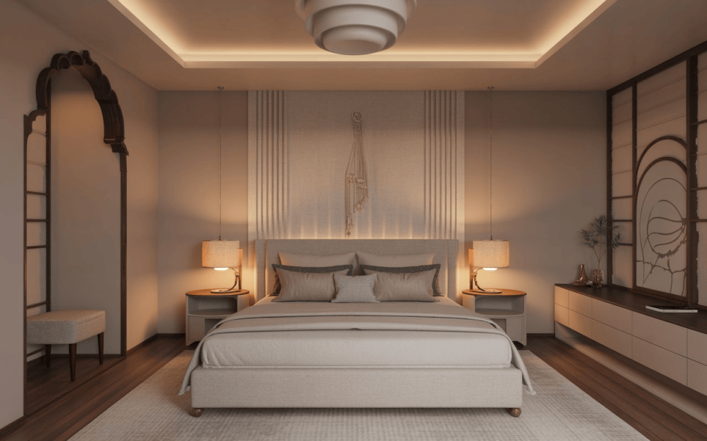 A serene master bedroom showing which direction to sleep scientifically for deep health.