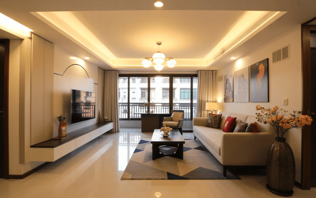 Modern false ceiling design with warm lighting in stylish living room for low height space