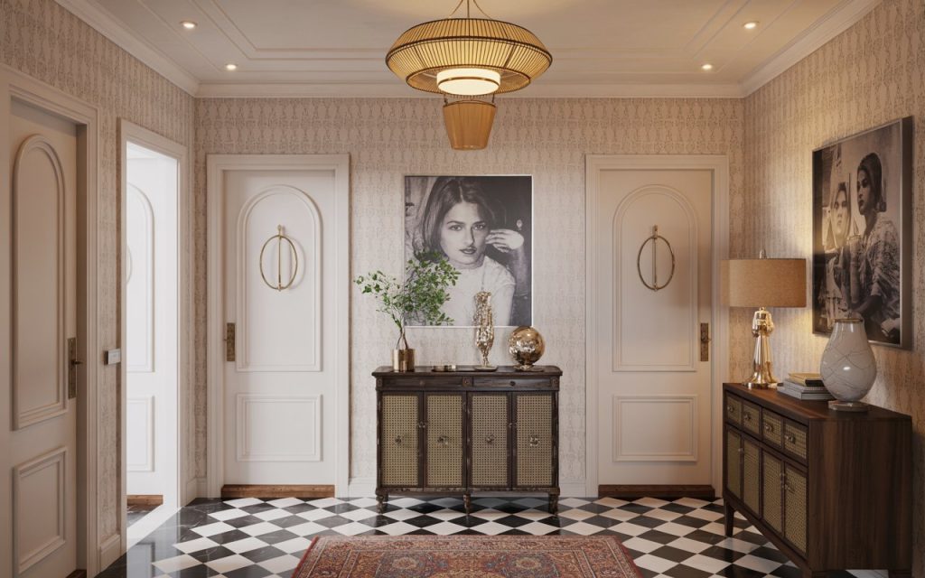 Elegant hallway wallpaper with classic decor, patterned walls, and stylish console setup