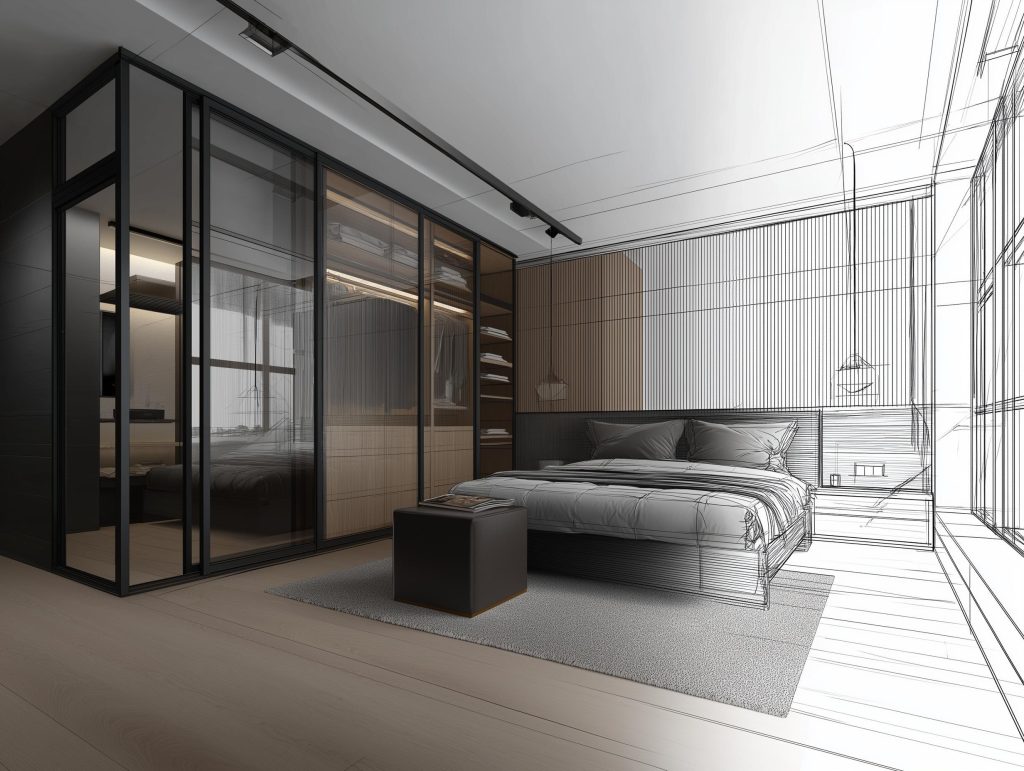 A detailed bedroom renovation design wireframe showing a modern glass wardrobe layout.