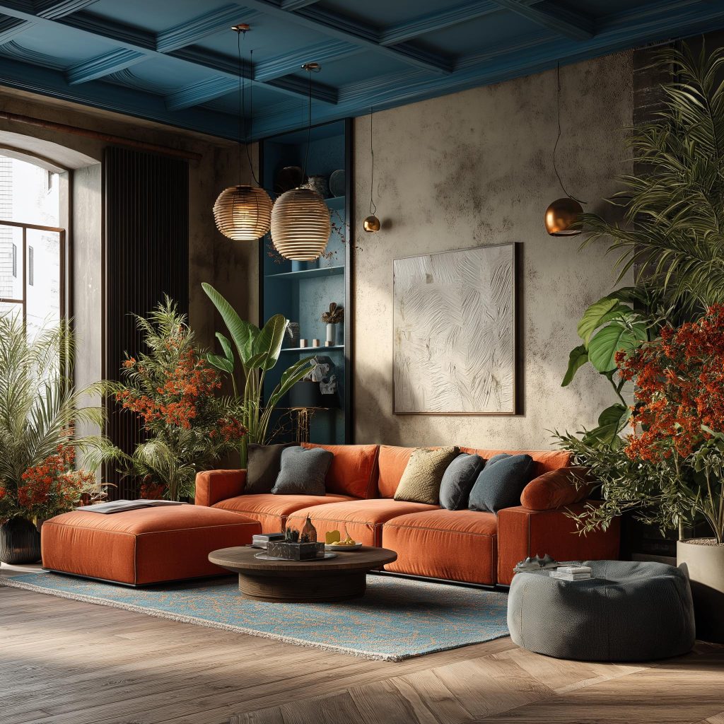 A deep teal coffered ceiling pop colour combination for hall with rustic industrial decor.