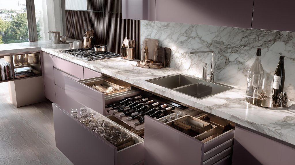 Open mauve drawers with wine bottle inserts and glassware in a sleek tandem box setup.