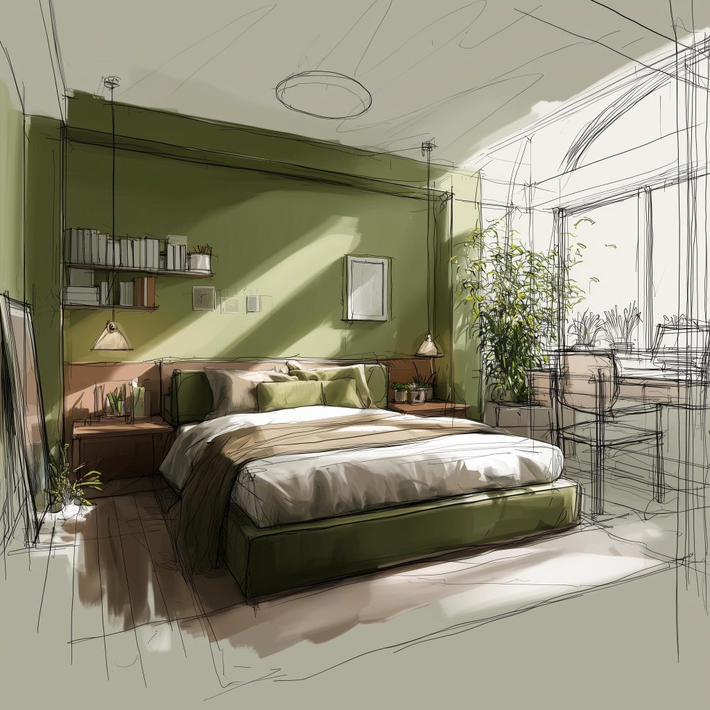 Smart small bedroom renovation ideas featuring olive walls, floating shelves and desk.