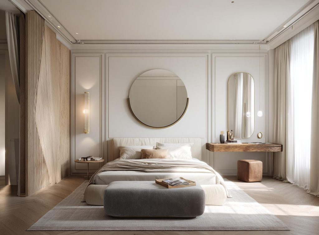 Sophisticated bedroom pvc wall design with cream moldings and a round decorative mirror.