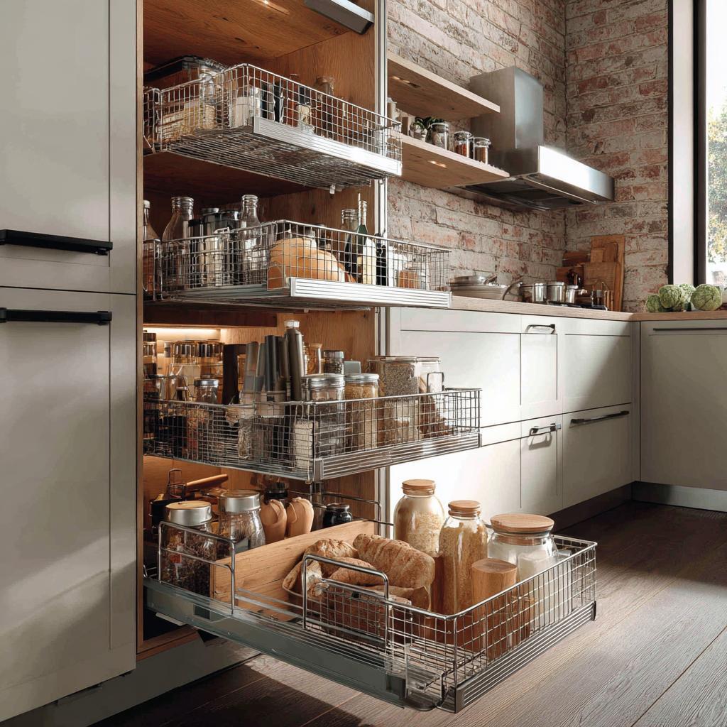 A tall wooden pantry unit with multiple pull-out levels of a tandem box in kitchen setup.