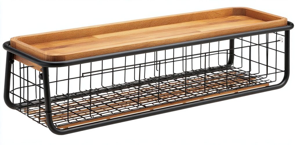 A black wire pull-out shelf with a wood top, perfect as a tandem box organizer in storage.