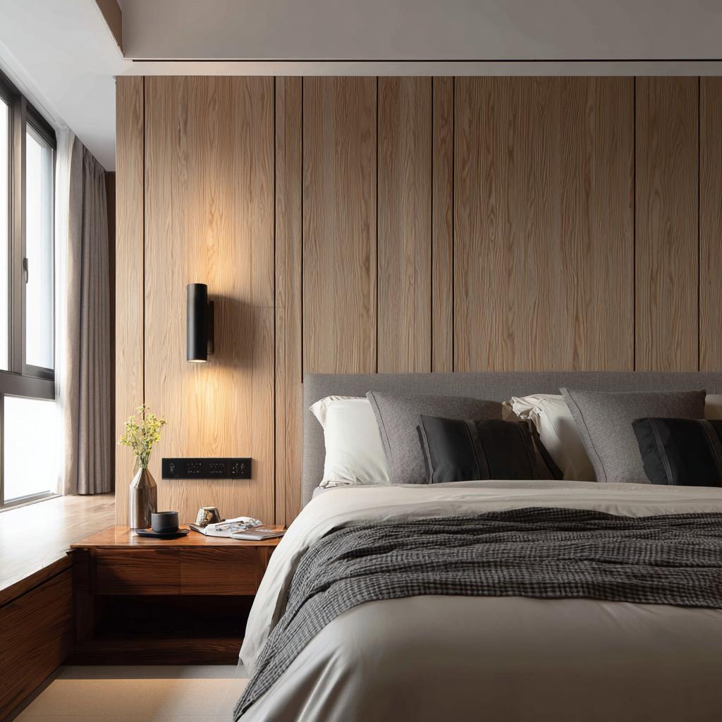 Natural wood grain texture on a sleek pvc wall design for bedroom with a black wall lamp.