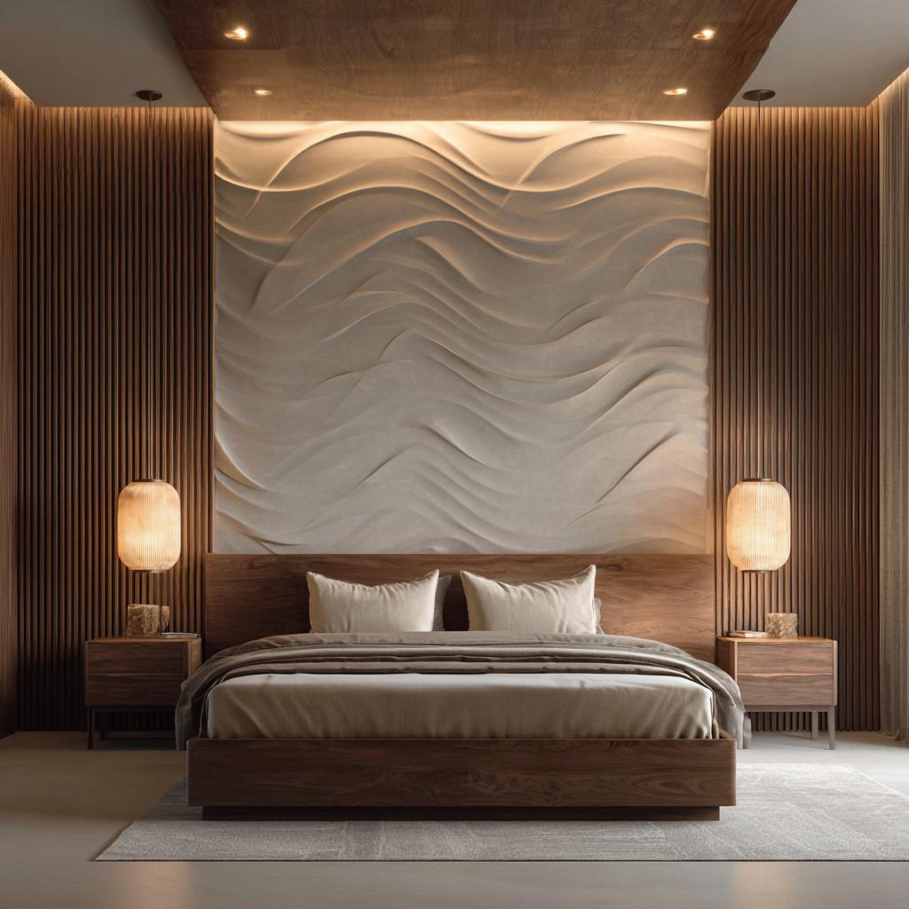 Detailed texture of modern fluted PVC wall panels for bedrooms, featuring warm wood tones.