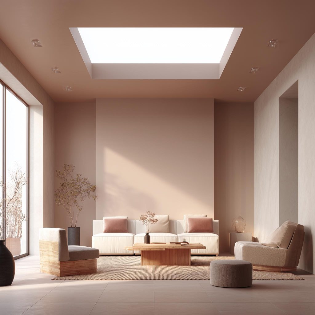 Warm neutral pop colour combination for living room featuring elegant hidden cove lights.