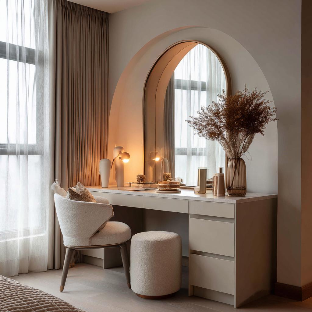 A modern vanity nook with arched mirrors and sleek pvc wall panel room design elements.
