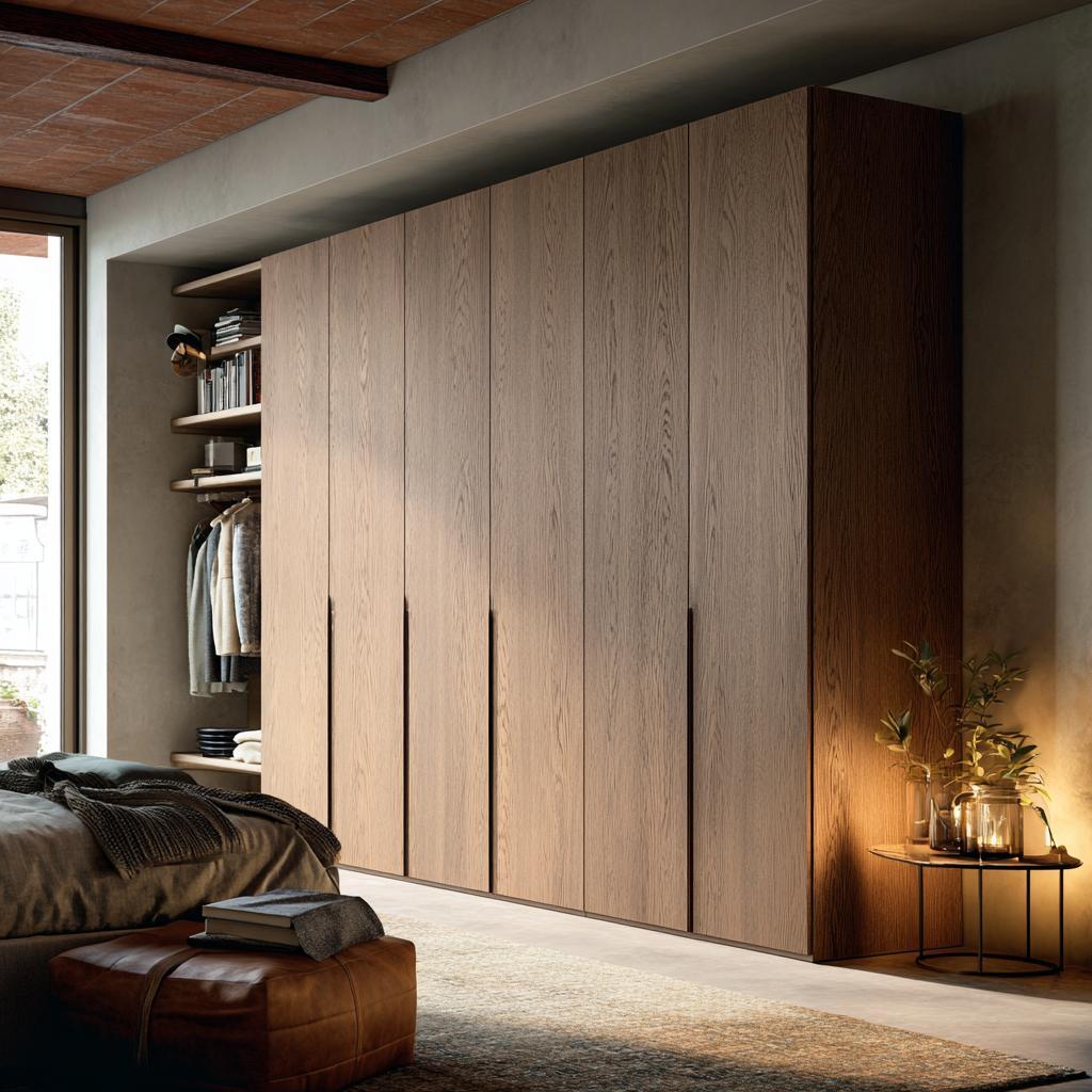 Elegant modern wardrobe designs for bedroom featuring tall oak shutters and slim handles.