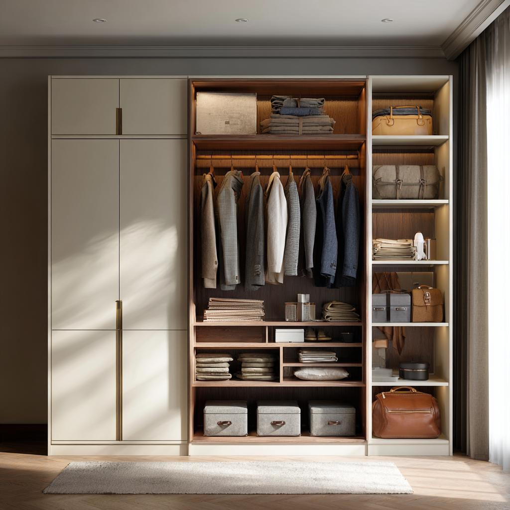 Custom modular wardrobe designs for bedroom with open shelving and cream colored shutters.
