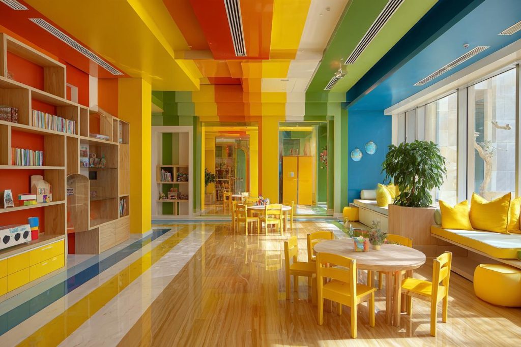 Vibrant rainbow pop design color combination with primary hues for a cheerful kids area.
