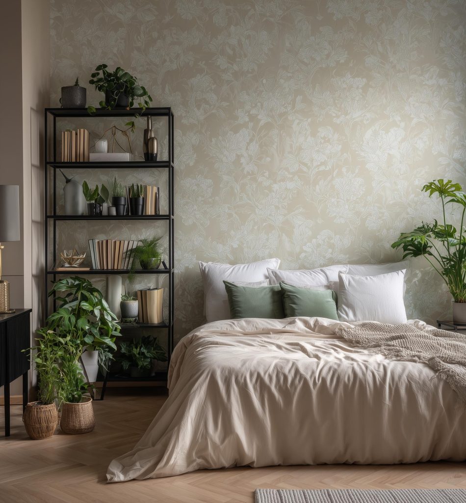 Aesthetic bedroom renovation ideas featuring floral wallpaper, indoor plants and shelving.