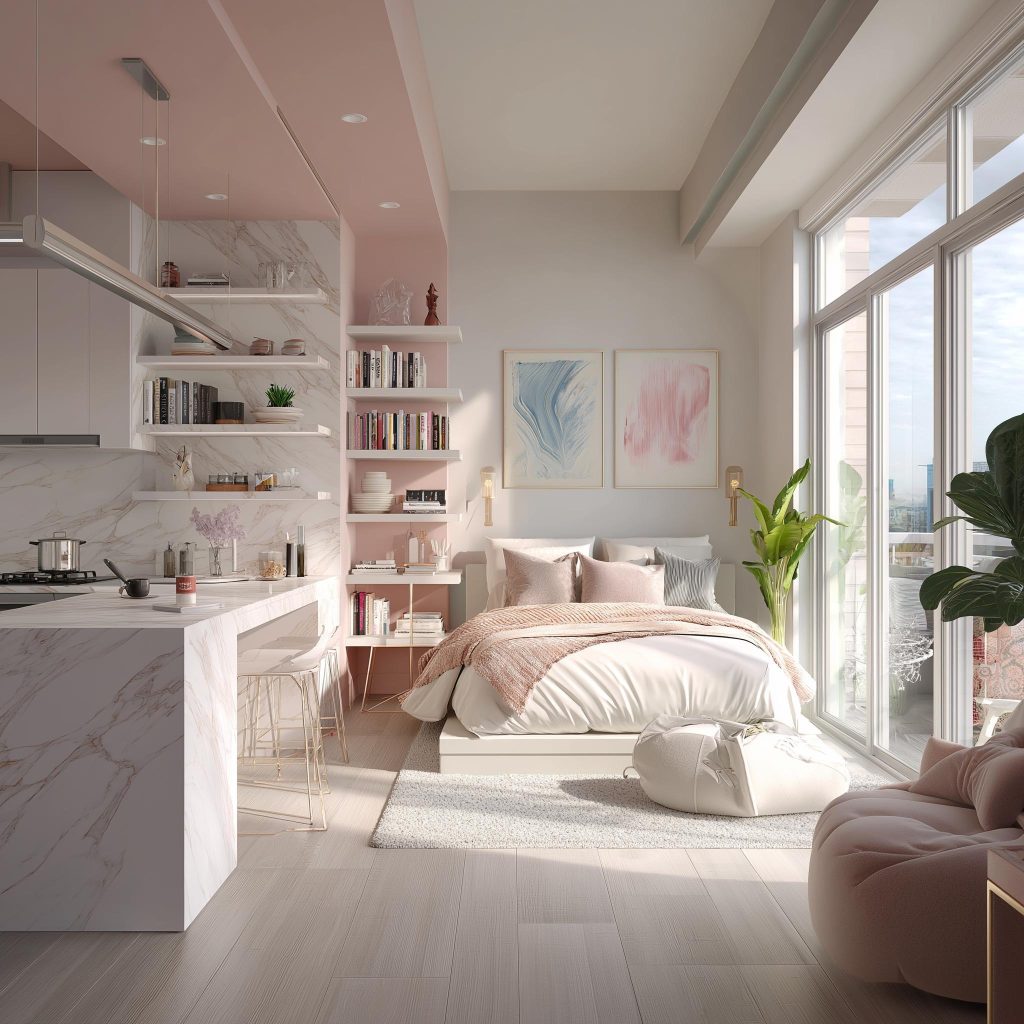 A modern pink and white pop colour combination with white for a studio bedroom space.